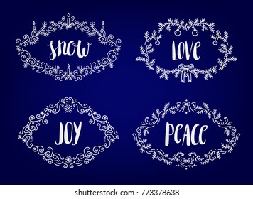 Vector set of christmas, new yer, winter frames with lettering inside. Swirls, tree branches, balls, candles wreaths