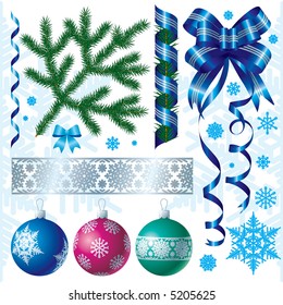 Vector set of Christmas and New-Year's decorations (objects, background and border elements)