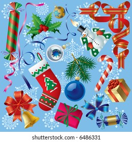 Vector set of Christmas and New-Year's decorations (objects, background and border elements)