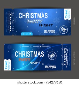 Vector set of Christmas night party ticket on the blue gradient background with wave and snowfall.