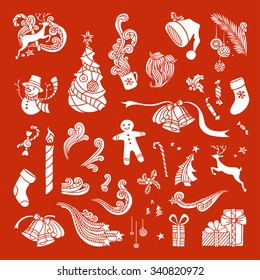 Vector set of Christmas object silhouettes. Christmas tree and baubles, Santa sock, hat and beard, gifts, candy canes, snowman, swirls, holly berries, gingerbread man, deer, bells and ribbons.