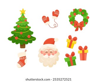Vector set of Christmas objects including wreath, tree, stocking, presents, mittens and more. Perfect for holiday designs, cards and seasonal decor.