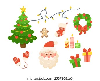 Vector set of Christmas objects including wreath, Santa, tree, stocking, presents, mittens, garland and more. Perfect for holiday designs, cards and seasonal decor.