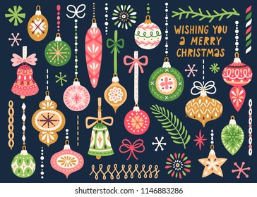 Vector set of Christmas ornaments hanging on ribbons. Vintage Xmas decorative elements are isolated on dark background. Cute hand drawing poster for Christmas and New Year holidays. 