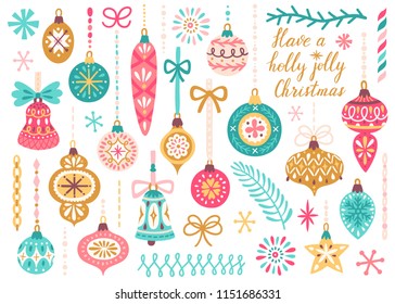 Vector set of Christmas ornaments hanging on ribbons. Vintage Xmas decorative elements are isolated on white. Cute hand drawing poster for Christmas and New Year.