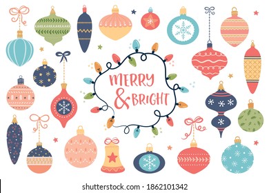 Vector set of Christmas ornaments hanging on ribbons. Vintage  decorative baubles isolated on white. Pretty hand drawn designs for Christmas and New Year, cards, invitations, giftware.