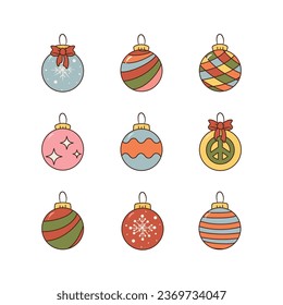 Vector set of Christmas Ornaments in Retro style. 9 elements for Christmas Tree Decor. Xmas illustrations for web compositions and for print