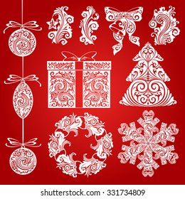 Vector set Christmas ornate symbols, design elements, objects. Calligraphy illustration. Christmas tree, Christmas wreath, Christmas decorations, snowflake, gift,  bell, star, decor elements