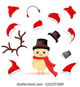 Vector set of Christmas owls with various emotions, facial expressions, accessories. Collection of isolated birds Christmas hat of Santa Claus, scarf, boots, varesco hat, reindeer antlers, headphones.