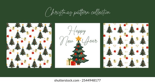 Vector set of Christmas patterns. Trendy minimalist design with Christmas tree decorations. Template for wrapping paper, holiday decor, greeting card design.