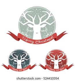 Vector set of Christmas posters with reindeer and mistletoe. Postcard with snow to a happy new year