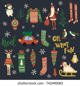 vector set of Christmas related objects and characters on dark blue background