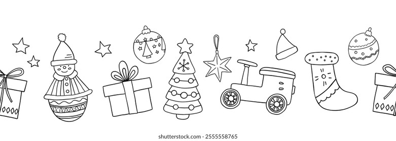 Vector set of Christmas retro toys in a seamless row