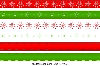 Vector set of Christmas ribbons, borders, tapes with snowflakes in green, red and white. Template for collages, jewelry, wishes, greeting cards, home accessories, etc