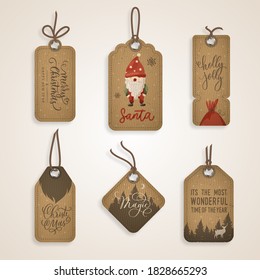 Vector set of Christmas sale paper tags with santa,deer and gift with calligraphy for christmas holiday shopping promotion.