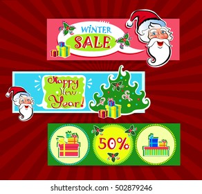 Vector set of Christmas sales banners on a red background
