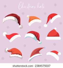 Vector set of Christmas Santa Claus hats with pompom in flat and realistic styles on isolated background.
