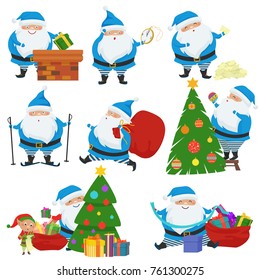 Vector set of Christmas Santa Claus in blue coat. Set of cute cartoon characters with different emotions and poses.