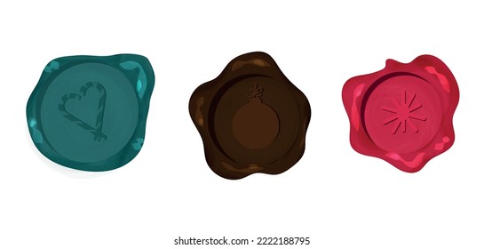 Vector set of Christmas seals. Green and red wax seals with illustrations of the new year. 
