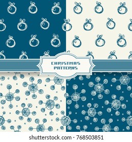 Vector set of christmas seamless pattern with decoration and snowflakes. Holiday hand drawn background in child's style. Collection of cute illustration for print, web