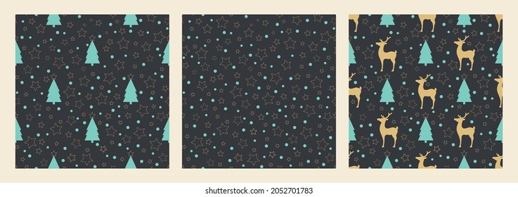 Vector set Christmas seamless patterns. Landscape, trees, deer on a dark background. Design for gift wrapping paper, fabric, clothes, textile, wallpaper.