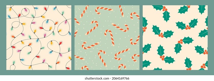 Vector set Christmas seamless patterns. Candy canes, holly berries and colored festive garlands. Design for gift wrapping paper, fabric, clothes, textile, wallpaper.