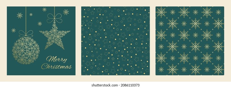 Vector set Christmas seamless patterns and greeting card Merry Christmas. Illustration with golden snowflakes on a green background. 