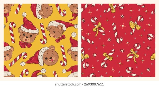 Vector Set of Christmas Seamless Patterns with Cute Teddy Bears in Santa Hat  and Gift Candy Canes