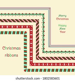 Vector set of Christmas seamless ribbons in white, red and green colors. Collection of pattern brushes for greeting card, scrapbooking album, collage, decorating candles, glass and home accessories.
