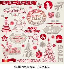 Vector set of Christmas signs, emblems and doodles