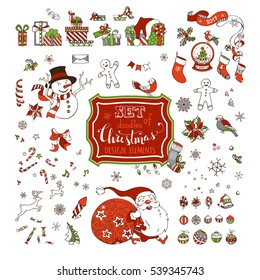 Vector set of Christmas signs, symbols, decorations and design elements isolated on white background. 