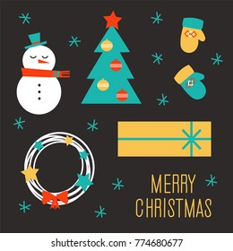 Vector set of Christmas snowman, tree, mittens, wreaths and snowflakes.
