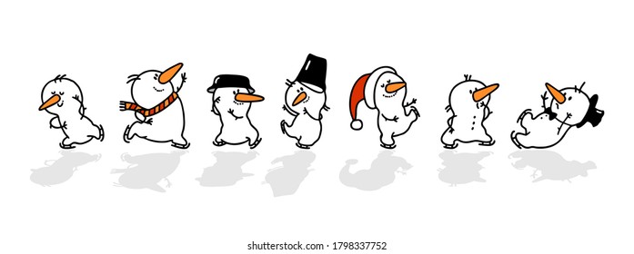 Vector set of Christmas snowmen isolated on a white background. A set of cute playful snowmen on skates.  Happy New year, a fun Christmas design element.