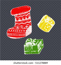 Vector set with Christmas sock and gifts boxes. Hand drawn illustration in vintage style for print, greeting and post card and other winter holidays design. Colored on dark grey with points..