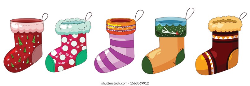 Vector set of Christmas socks bags stocking. Set of funny christmas items. Multi-colored socks. New Year template.