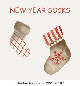 Vector set of Christmas Socks for decoration. Winter Collection of Stockings in vintage style