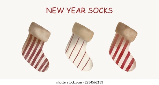 Vector set of Christmas Socks for decoration. Winter Collection of Stockings in watercolour style