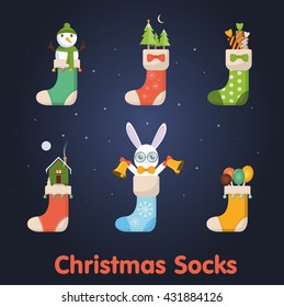 Vector set of christmas socks filled with candy.