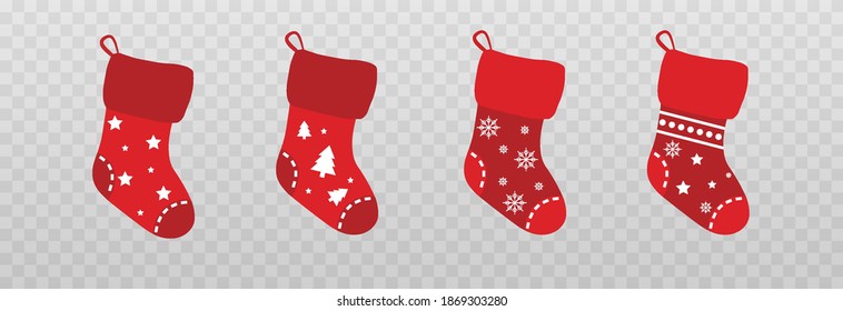 Vector set of Christmas socks. Red socks png. Christmas decoration. Wall decoration. Santa Claus socks. Christmas image.