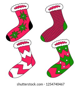 Vector set of Christmas socks traditional celebration isolated object. Green and red decoration. Warm knitted clothes. Use for Christmas decoration web, card, magazine illustration.