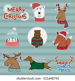 Vector set of Christmas stickers with animals. Hand-drawn bear, penguin, fox, dog and deer greeting cards. The inscription Merry Christmas.