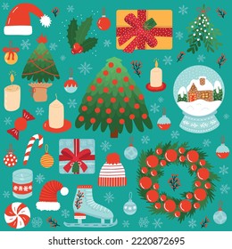 Vector set of Christmas stickers decor. Christmas tree, snow ball with house, fir wreath and balls, gift box, lollypop, ginger cookies, ice skates and Santa hat
