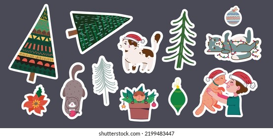 Conjunto vectorial de stickers de navidad. Fondo de invierno de dibujo manual con abetos, adornos navideños, estrellas y copos de nieve. Afiche navideño con símbolos navideños.