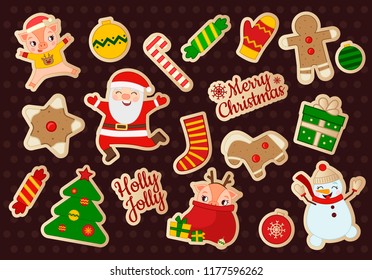 Vector set of Christmas stickers. Symbols of the holiday. Cartoon images of a snowman, Santa Claus, a pig.
