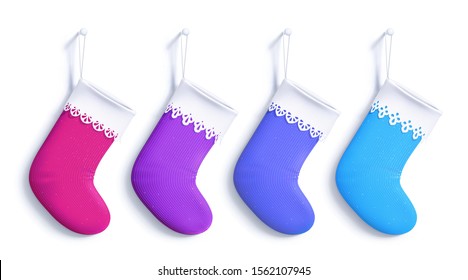 Vector set of Christmas stocking bags. Hanging empty socks of crimson, purple, blue and light blue colors. Four realistic objects. Decorative footwear with a different lace lapels. New Year's template