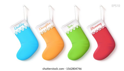 Vector set of Christmas stocking. Hanging empty socks of blue, yellow, green, red colors. Wool decorative footwear with a lace lapels. Xmas sock-shaped bags are signed for daddy, daughter, son, mommy