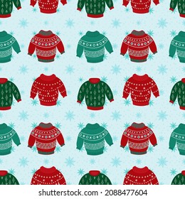 Vector set of Christmas sweaters with ornaments and festive decorations. Collection of knitted winter jumpers. Stylish fashion design. Winter sweaters and jumpers.
