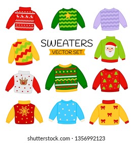 Vector set of christmas sweaters. Set of winter clothes with funny prints.
