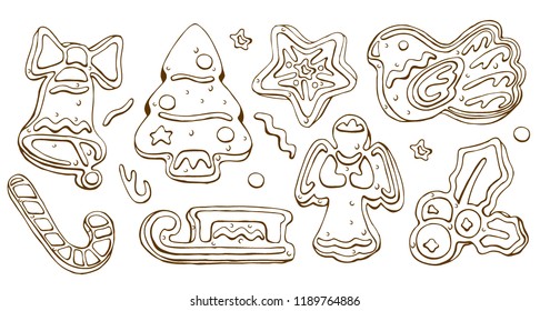 Vector set of christmas sweets. Brown gingerbread on white.