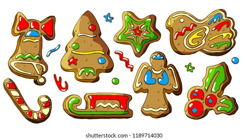  Vector set of christmas sweets. Gingerbread on white. 
